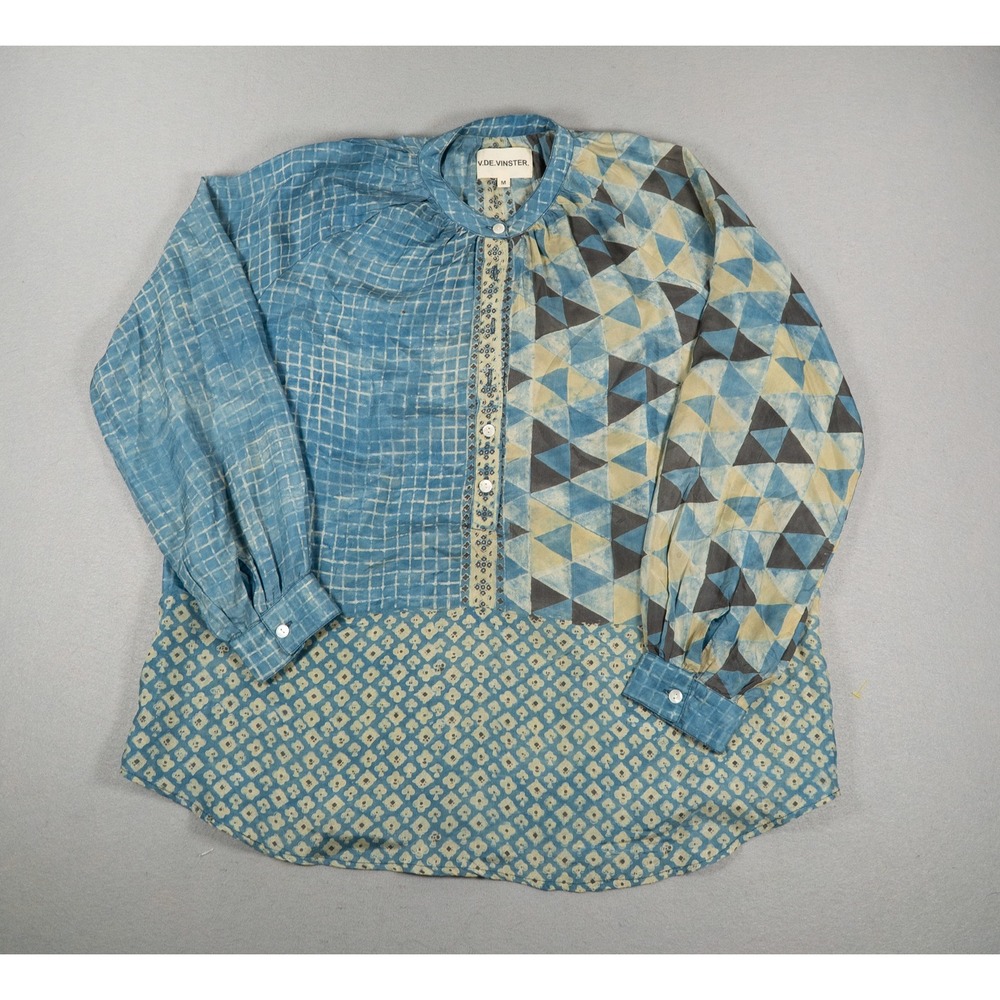 V.De.Vinster Womens Silk Mixed Print Blouse Blue Geometric Size M Handmade India